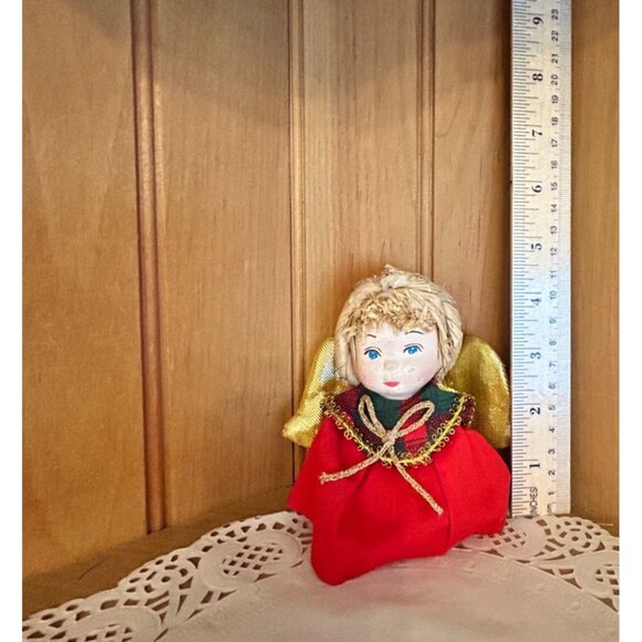 Vintage Angel Christmas Tree Ornament Handcrafted Red Gold Wings Rattan Hair - Picture 2 of 5